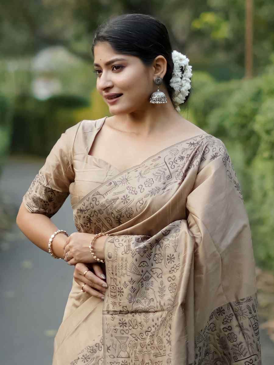 Beige Handloom Raw Silk Printed Festival Wedding Fancy Heavy Border Saree