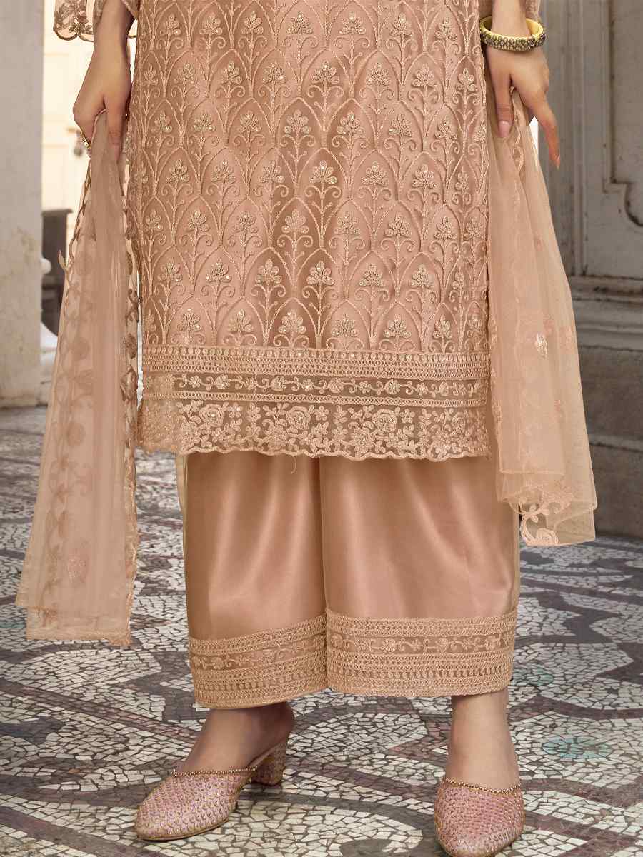 Beige Heavy Butterfly Net Embroidered Festival Wedding Pant Salwar Kameez