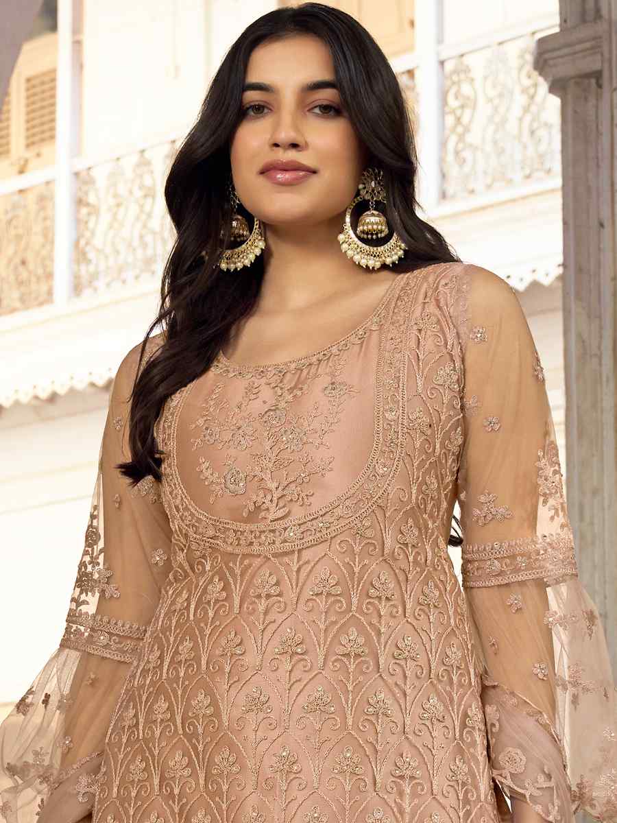 Beige Heavy Butterfly Net Embroidered Festival Wedding Pant Salwar Kameez