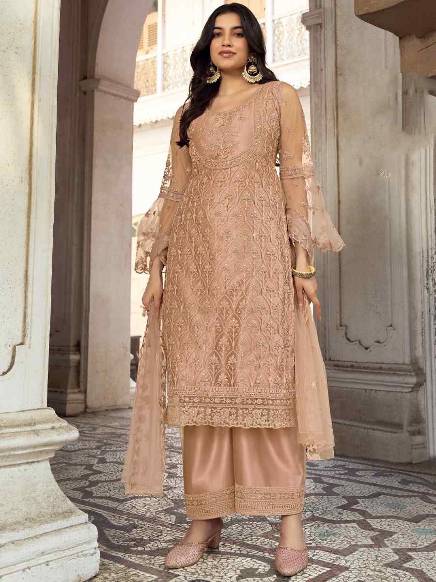 Beige Heavy Butterfly Net Embroidered Festival Wedding Pant Salwar Kameez