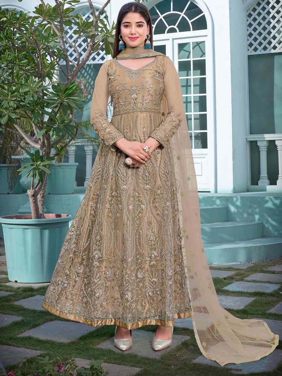 Beige Heavy Butterfly Net Embroidered Party Wedding Anarkali Salwar Kameez
