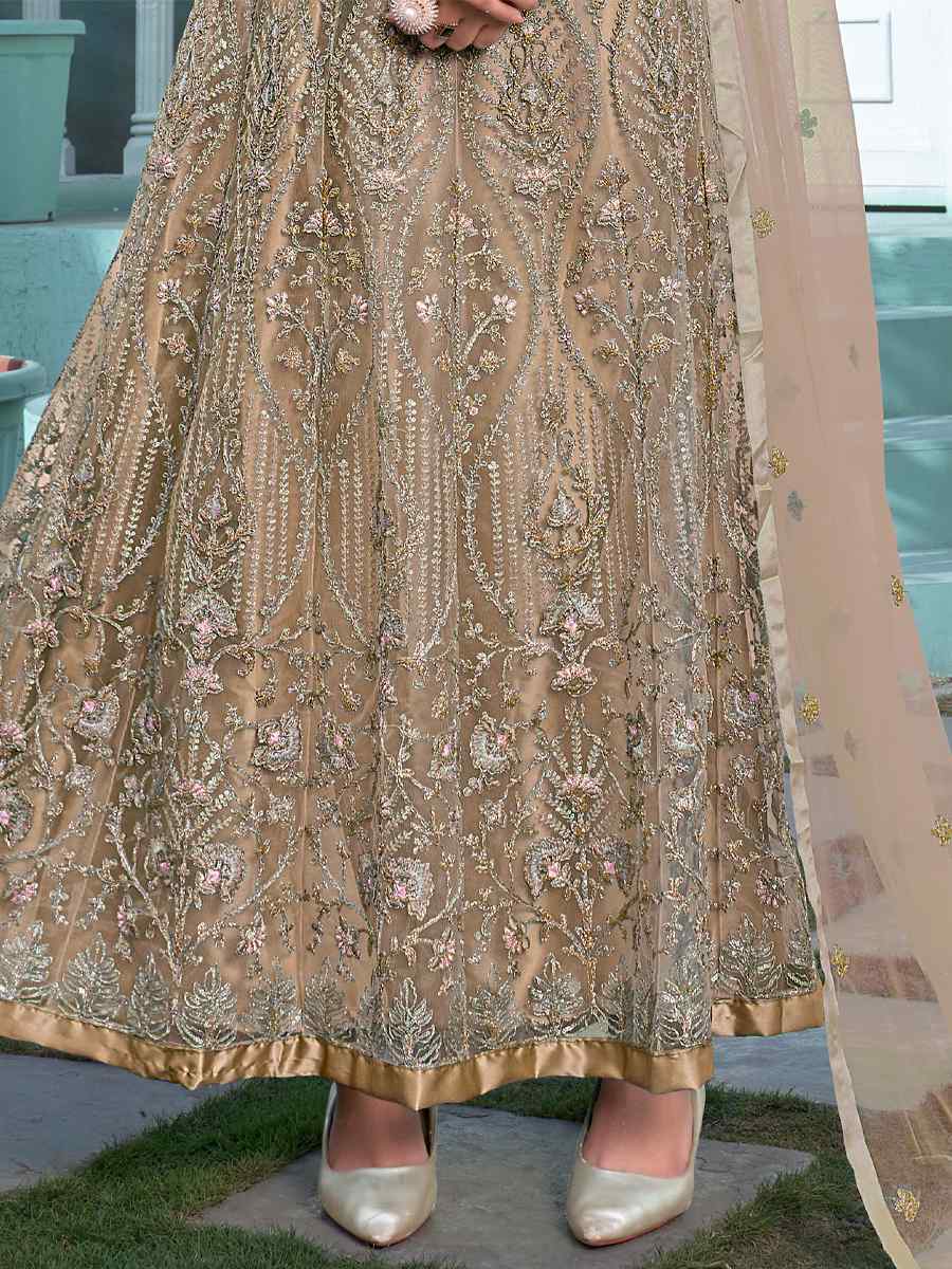 Beige Heavy Butterfly Net Embroidered Party Wedding Anarkali Salwar Kameez