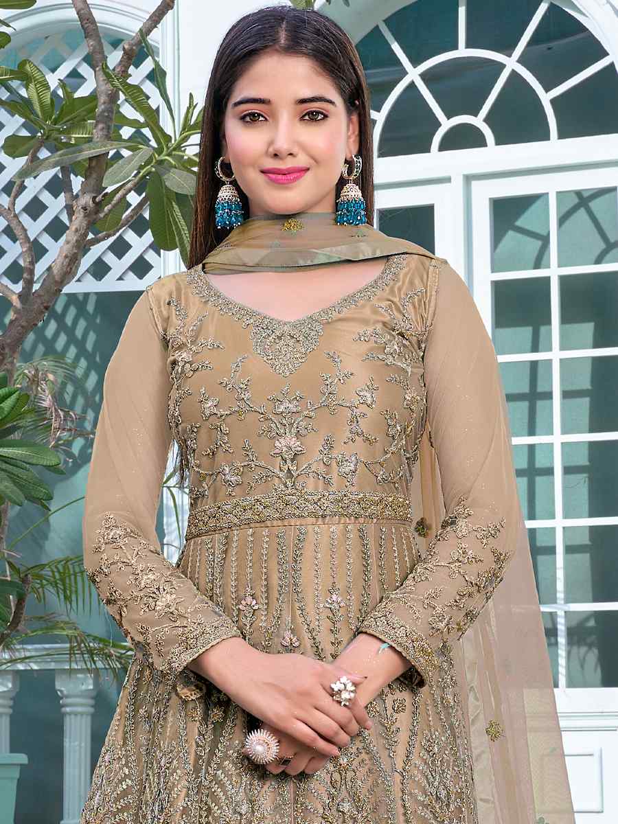 Beige Heavy Butterfly Net Embroidered Party Wedding Anarkali Salwar Kameez