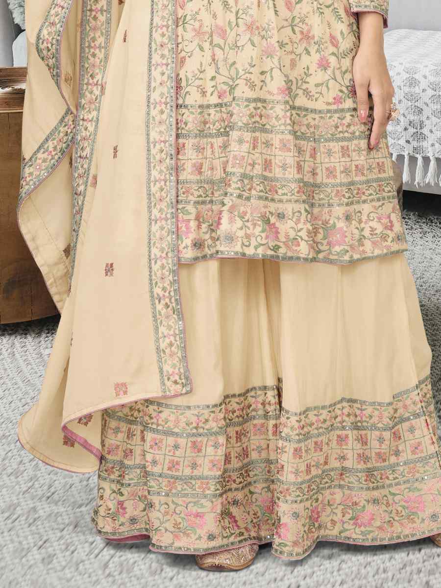 Beige Heavy Chinon Embroidered Festival Wedding Sharara Pant Salwar Kameez