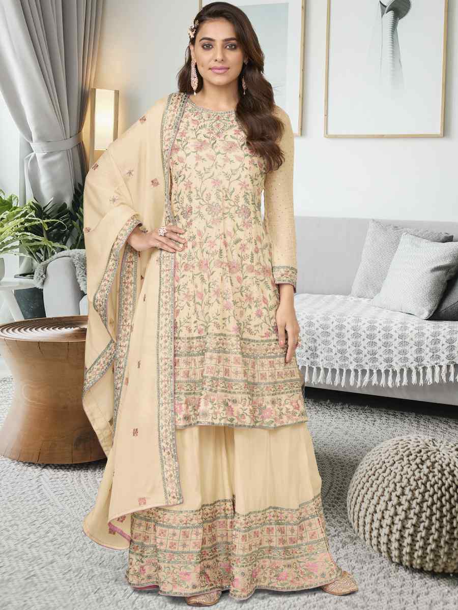 Beige Heavy Chinon Embroidered Festival Wedding Sharara Pant Salwar Kameez