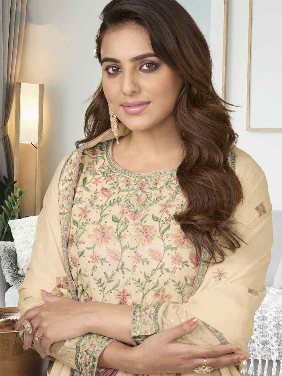 Beige Heavy Chinon Embroidered Festival Wedding Sharara Pant Salwar Kameez