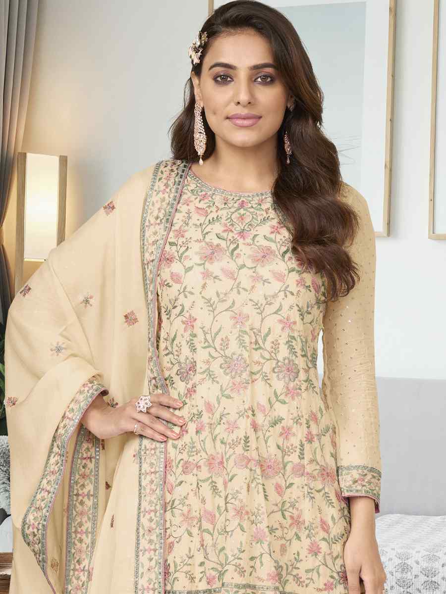 Beige Heavy Chinon Embroidered Festival Wedding Sharara Pant Salwar Kameez