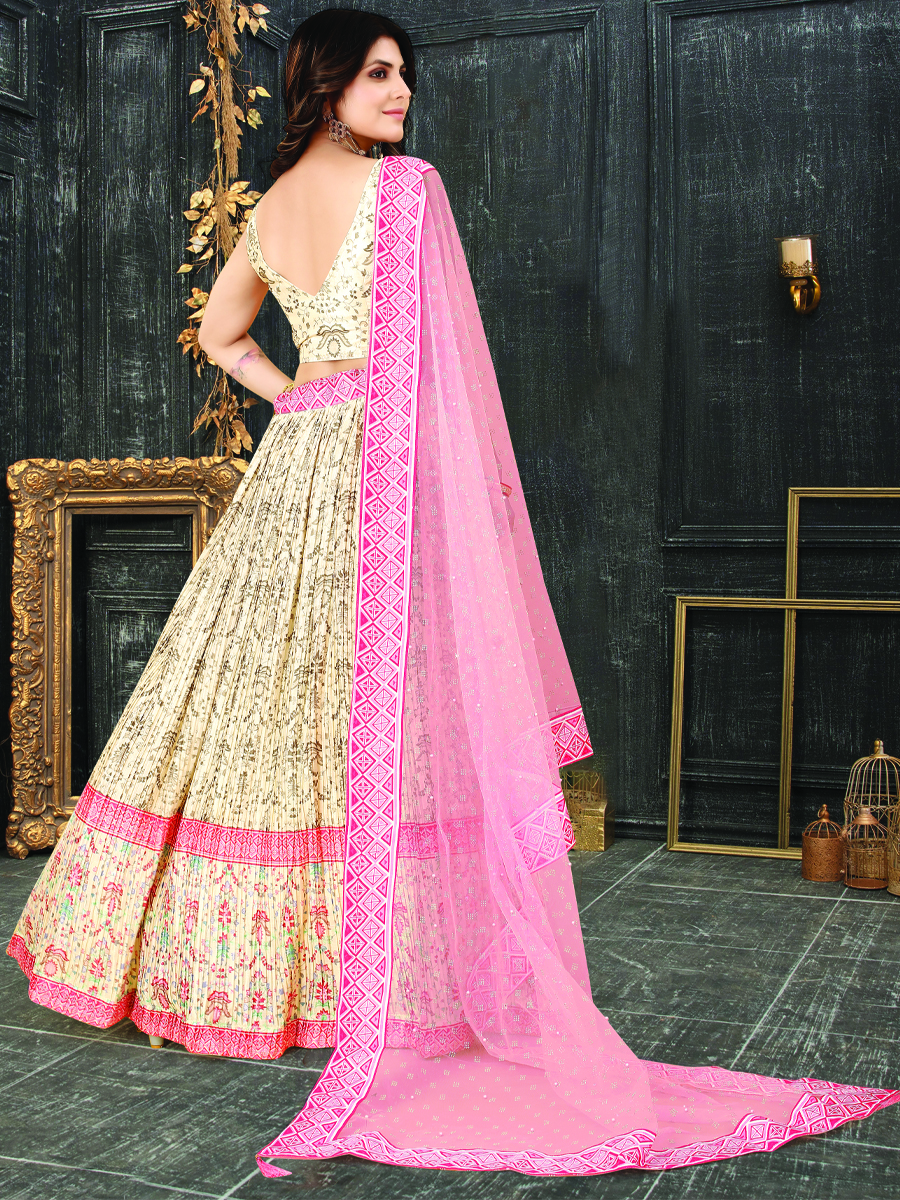 Beige Heavy Chinon Silk Printed Festival Wedding Contemporary Lehenga Choli