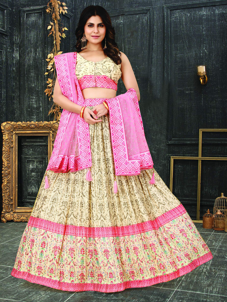 Beige Heavy Chinon Silk Printed Festival Wedding Contemporary Lehenga Choli