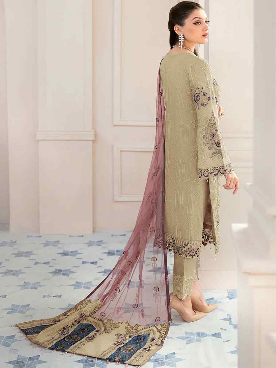 Beige Heavy Faux Georgette Embroidered Festival Party Pant Salwar Kameez