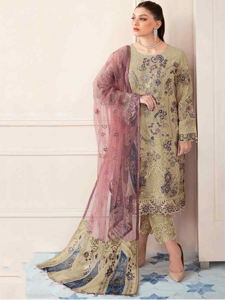 Beige Heavy Faux Georgette Embroidered Festival Party Pant Salwar Kameez