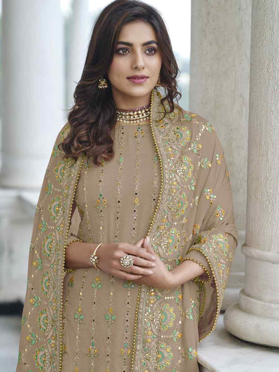 Beige Heavy Faux Georgette Embroidered Festival Wedding Palazzo Pant Salwar Kameez