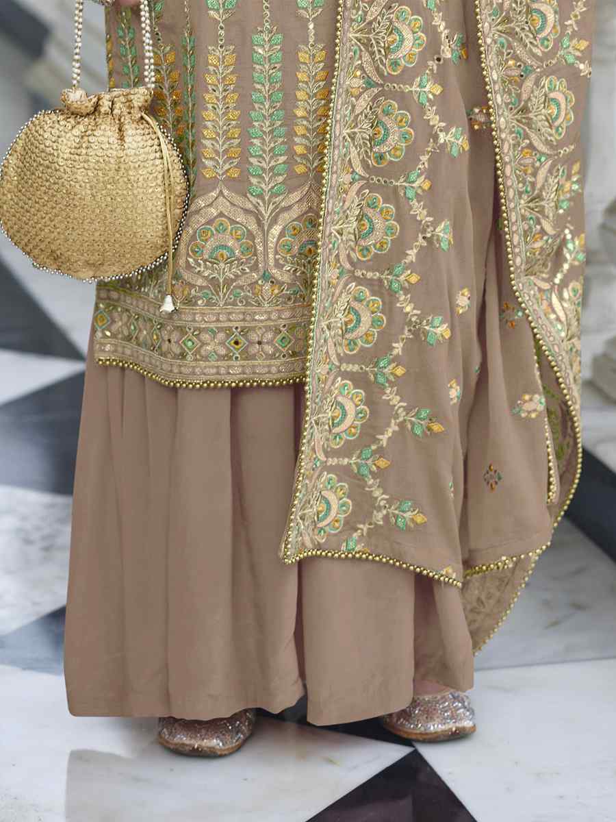 Beige Heavy Faux Georgette Embroidered Festival Wedding Palazzo Pant Salwar Kameez