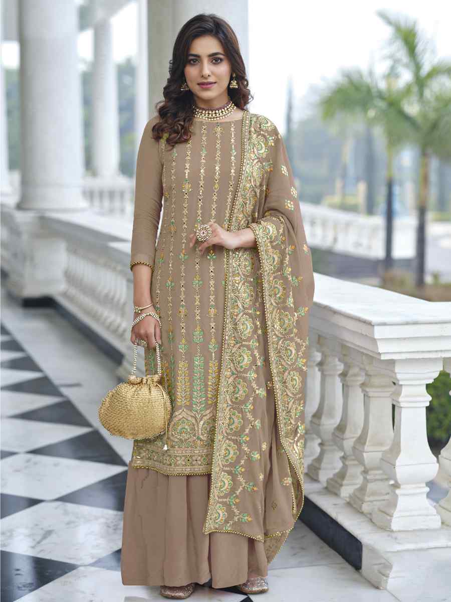 Beige Heavy Faux Georgette Embroidered Festival Wedding Palazzo Pant Salwar Kameez