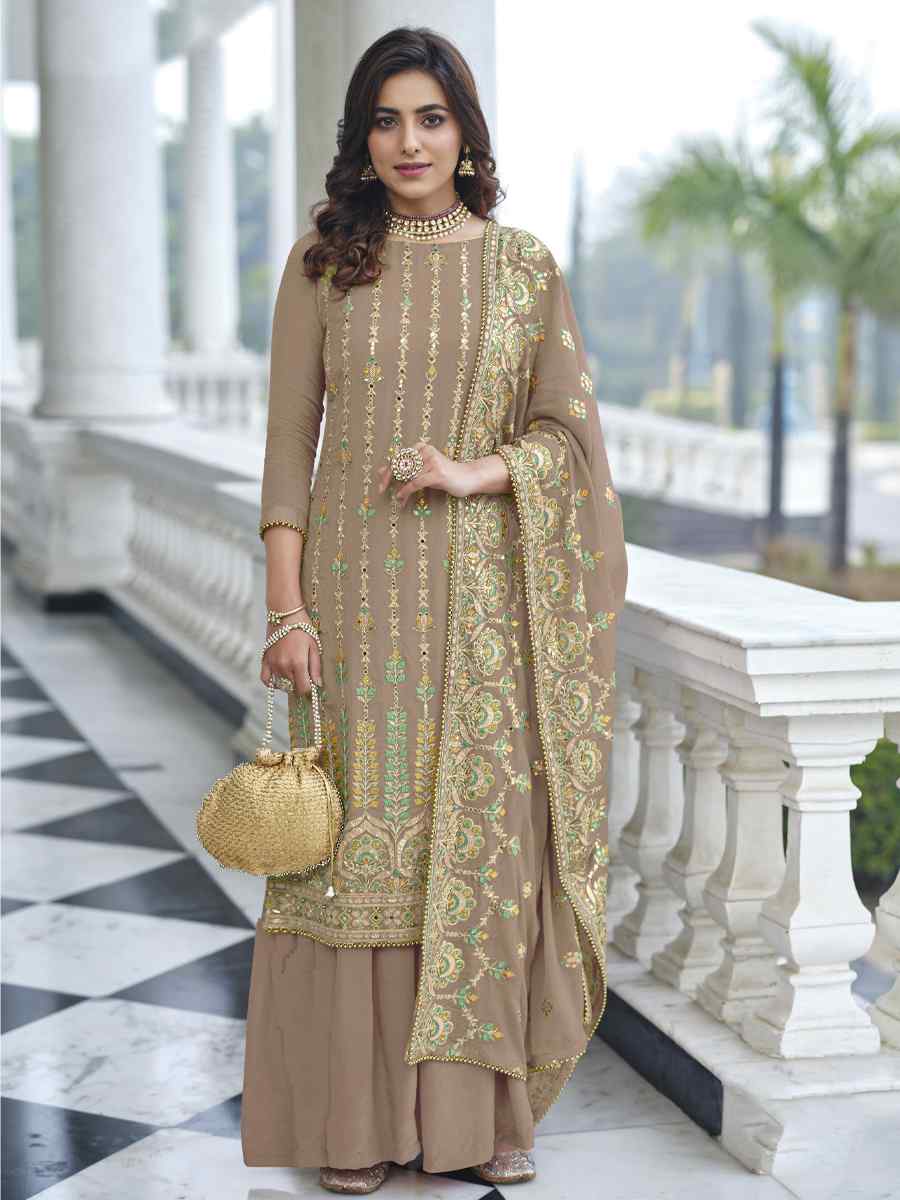 Beige Heavy Faux Georgette Embroidered Festival Wedding Palazzo Pant Salwar Kameez