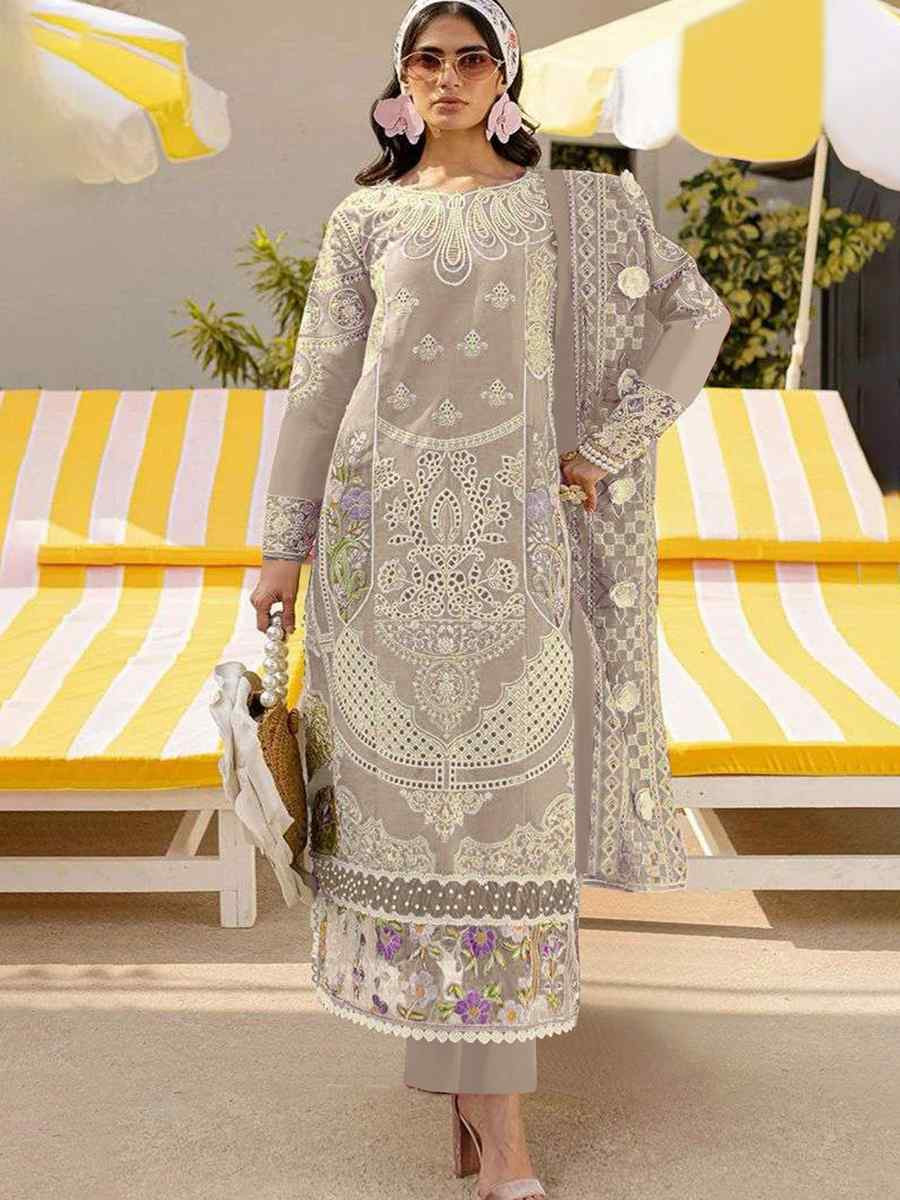 Beige Heavy Foux Georgette Embroidered Festival Wedding Pant Salwar Kameez
