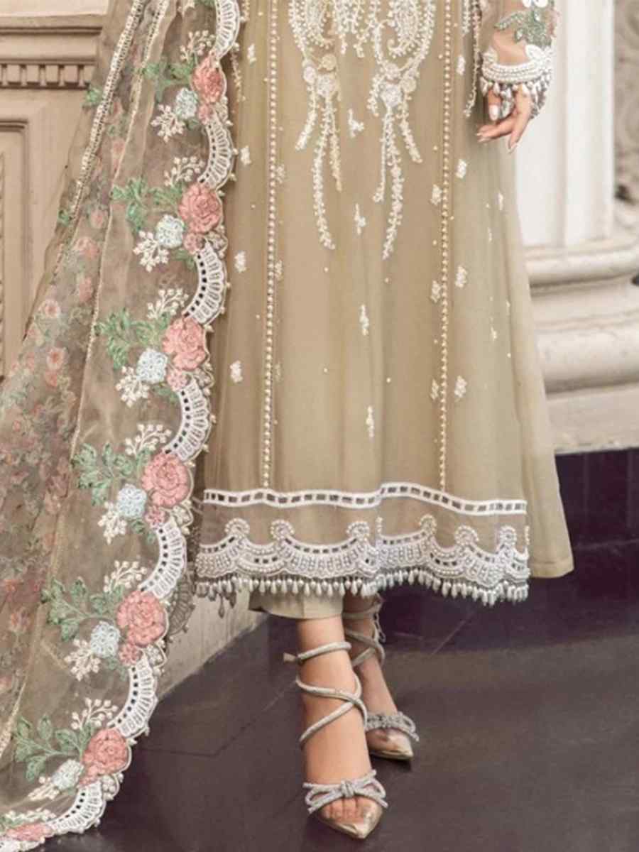 Beige Heavy Fox Georgette Embroidered Festival Wedding Pant Salwar Kameez