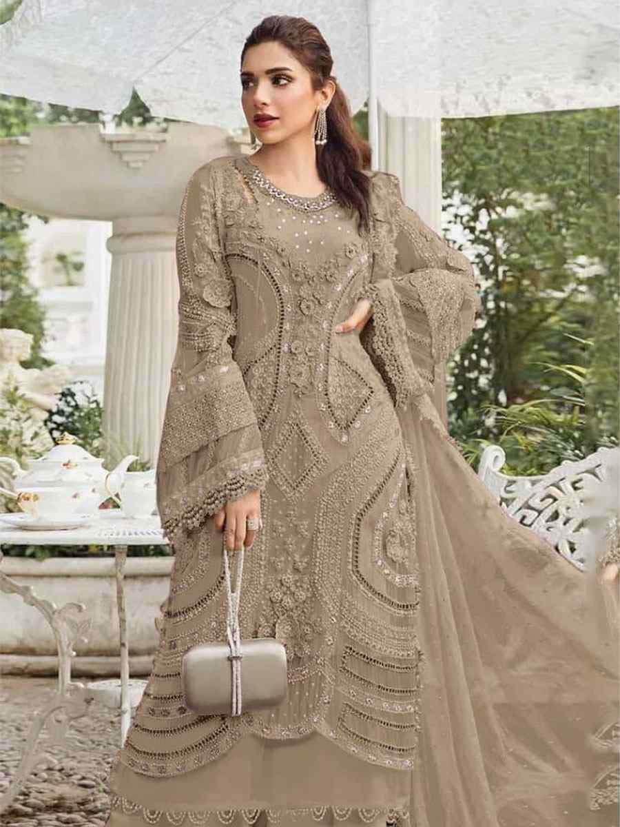 Beige Heavy Fox Georgette Embroidered Festival Wedding Pant Salwar Kameez