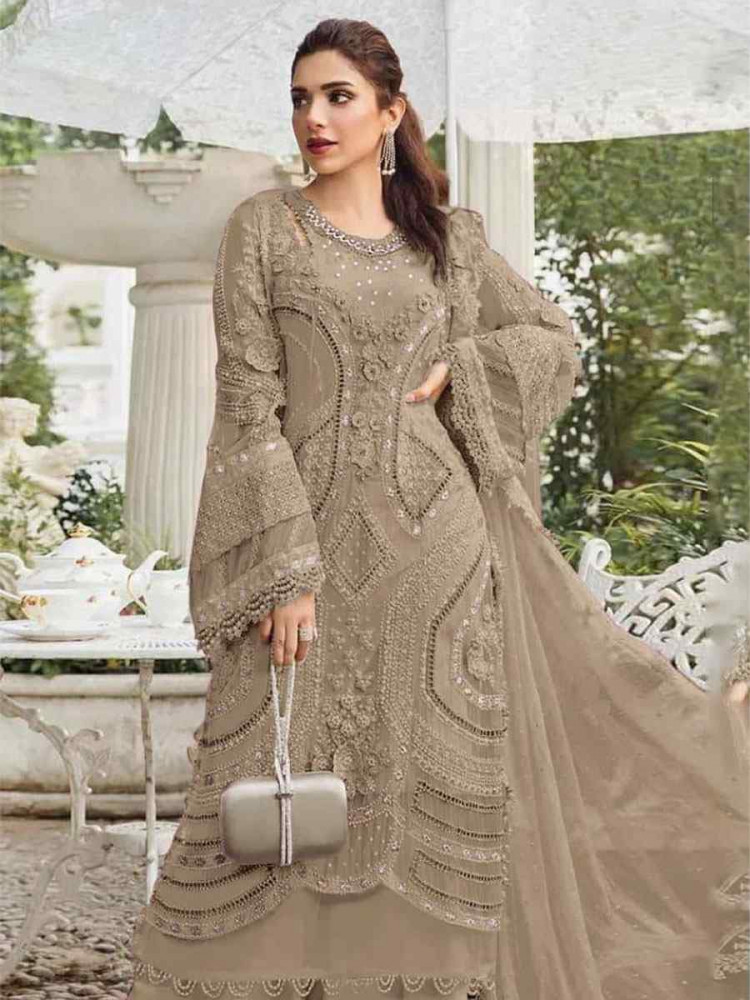 Image of Beige Heavy Fox Georgette Embroidered Festival Wedding Pant Salwar Kameez