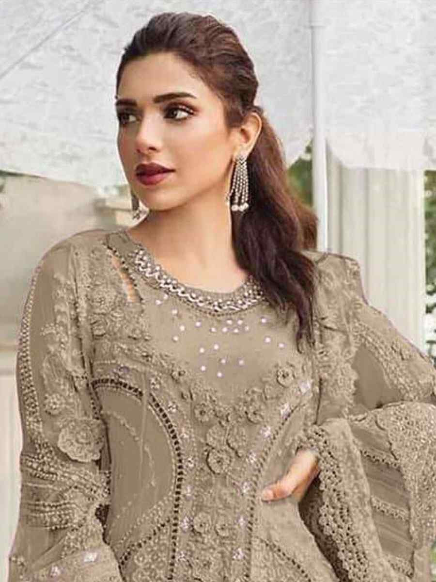 Beige Heavy Fox Georgette Embroidered Festival Wedding Pant Salwar Kameez
