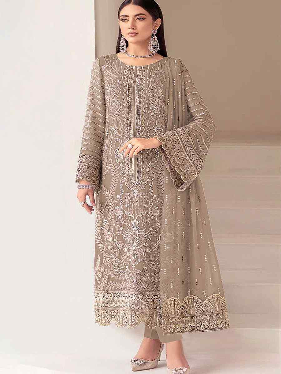 Beige Heavy Fox Georgette Embroidered Festival Wedding Pant Salwar Kameez