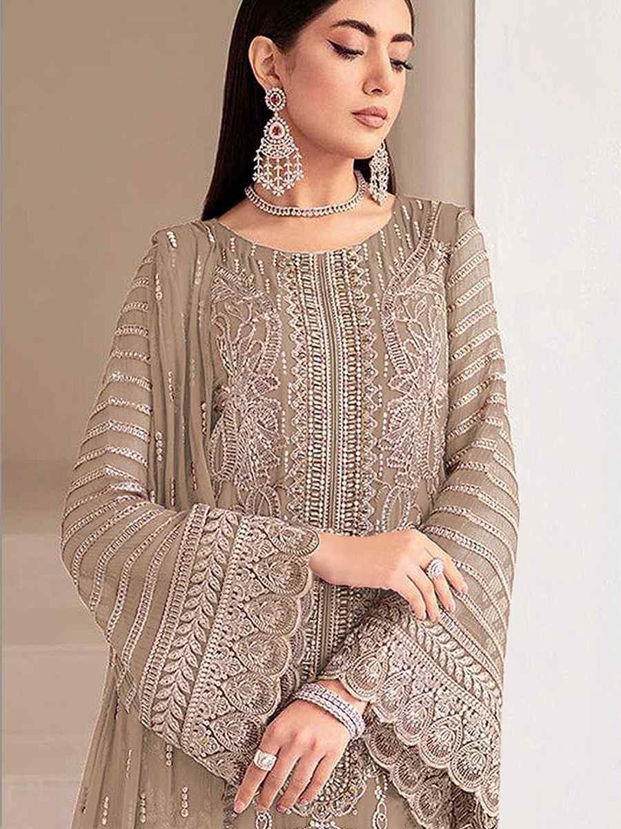 Beige Heavy Fox Georgette Embroidered Festival Wedding Pant Salwar Kameez