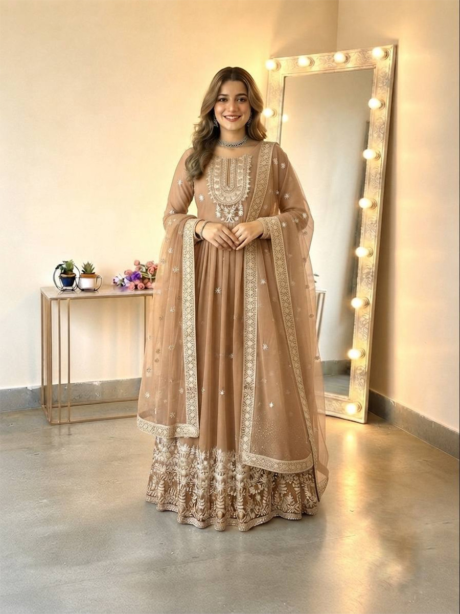 Beige Heavy Georgette Embroidery Sequins Wedding Party Festival Casual Ready Anarkali Pant Salwar Kameez