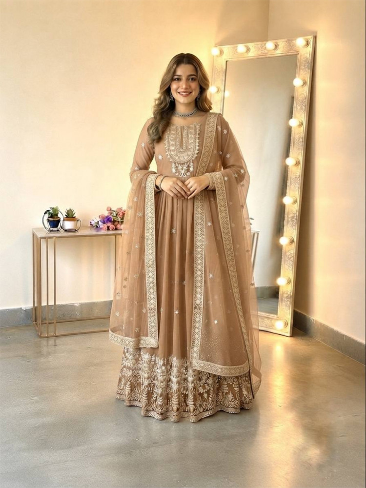 Image of Beige Heavy Georgette Embroidery Sequins Wedding Party Festival Casual Ready Anarkali Pant Salwar Kameez
