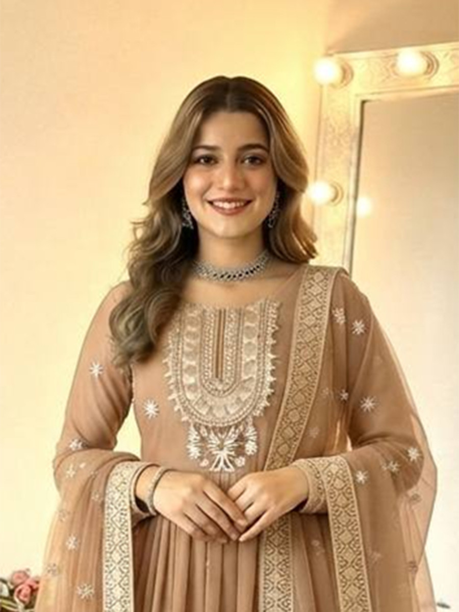Beige Heavy Georgette Embroidery Sequins Wedding Party Festival Casual Ready Anarkali Pant Salwar Kameez