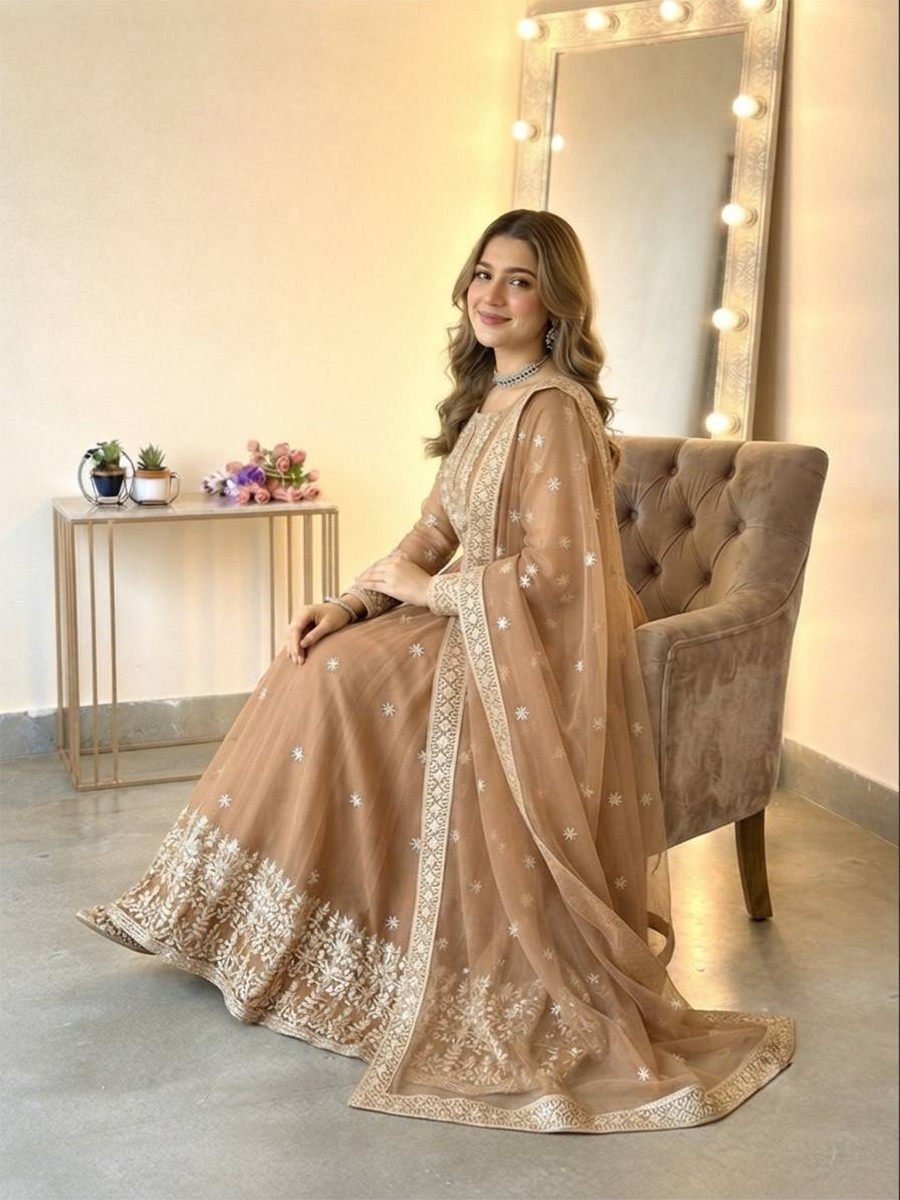 Beige Heavy Georgette Embroidery Sequins Wedding Party Festival Casual Ready Anarkali Pant Salwar Kameez