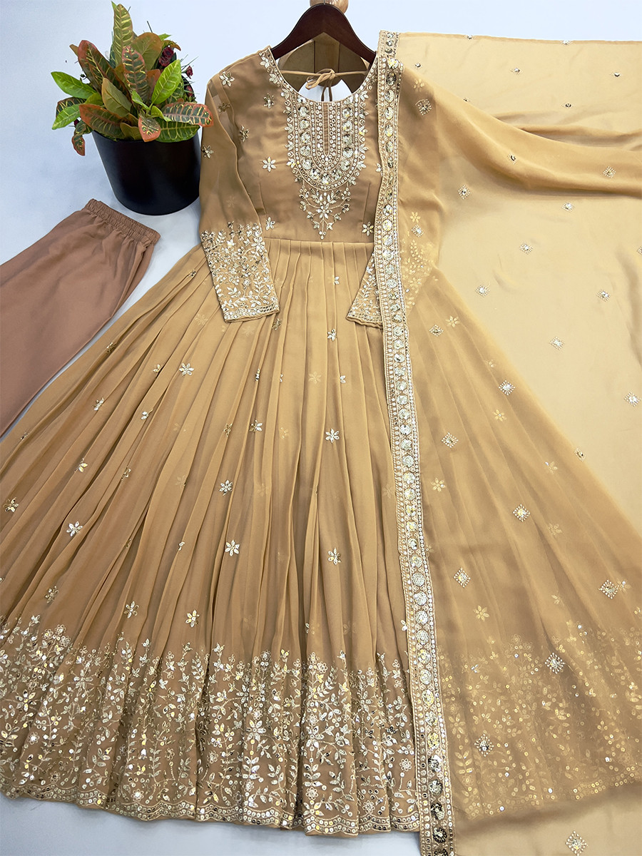Beige Heavy Georgette Embroidery Sequins Wedding Party Festival Casual Ready Anarkali Pant Salwar Kameez