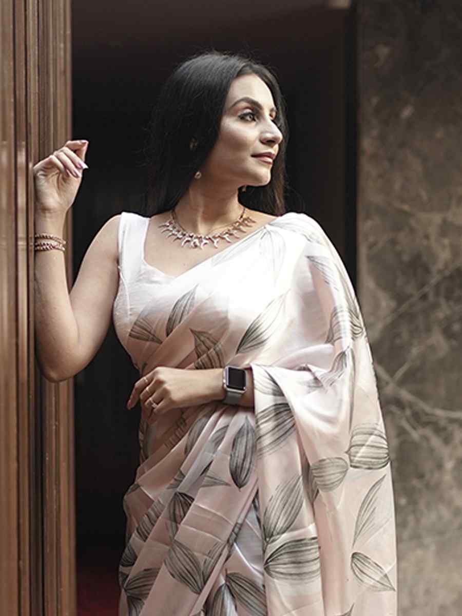 Beige Heavy Japan Satin Printed Party Festival Contemporary Saree