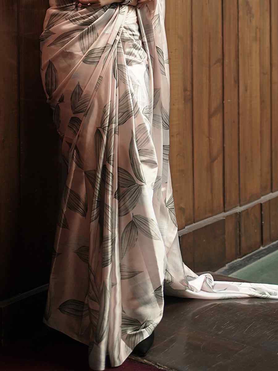 Beige Heavy Japan Satin Printed Party Festival Contemporary Saree