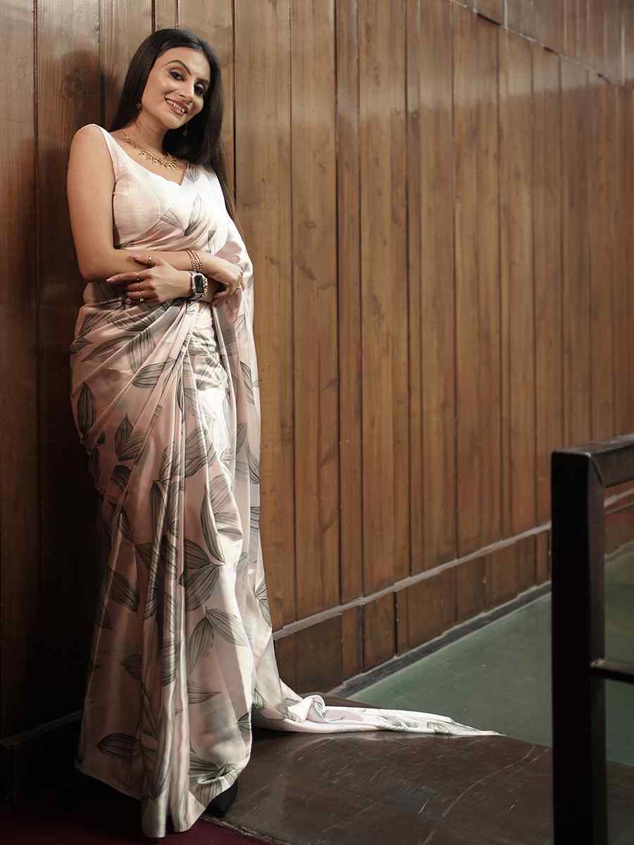 Beige Heavy Japan Satin Printed Party Festival Contemporary Saree