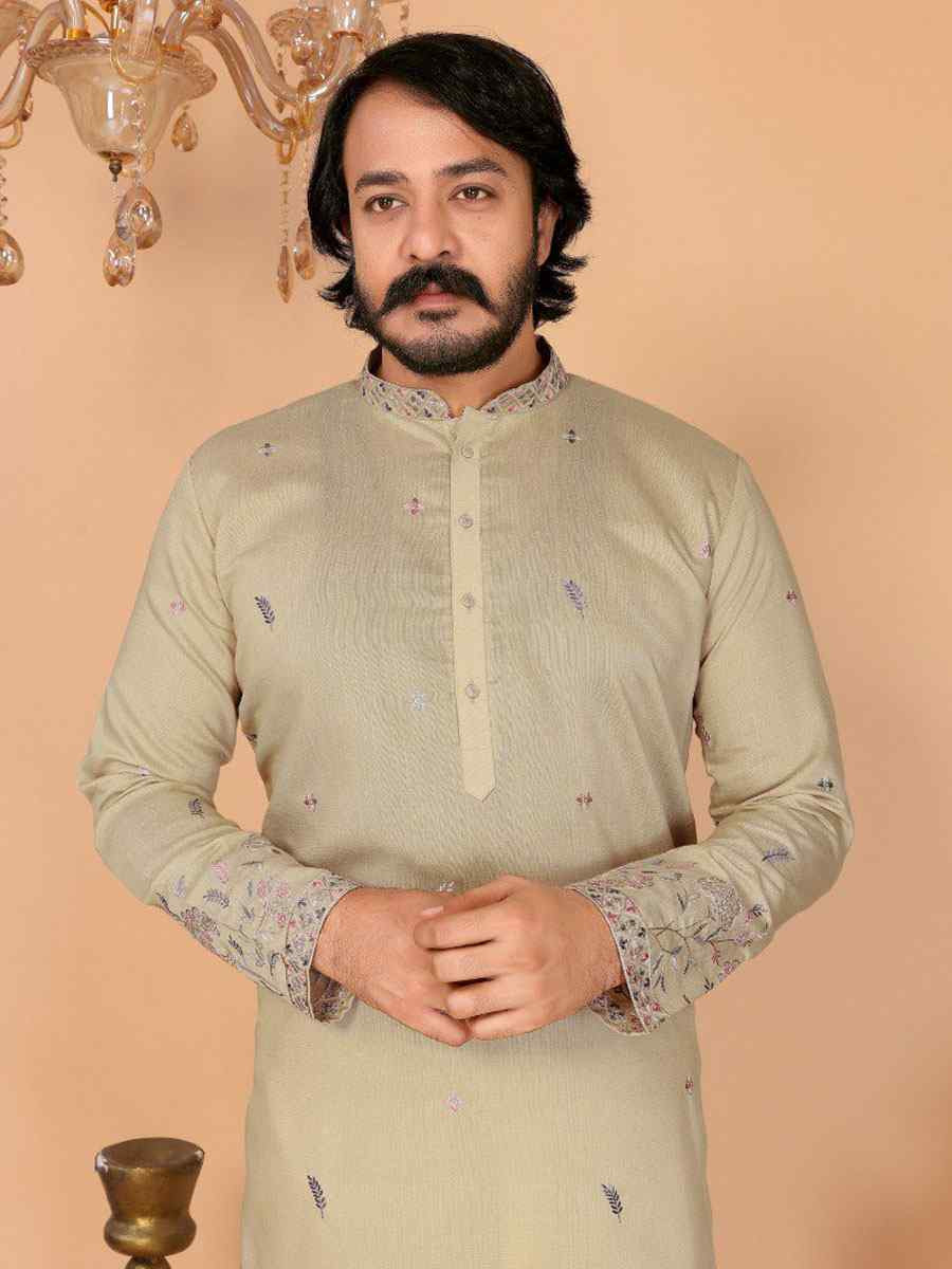 Beige Heavy Linen Cotton Embroidery And Printed Festival Wedding Party Mens Kurta