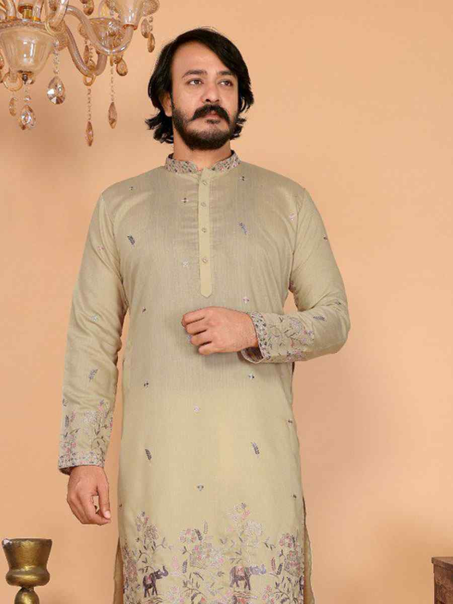Beige Heavy Linen Cotton Embroidery And Printed Festival Wedding Party Mens Kurta