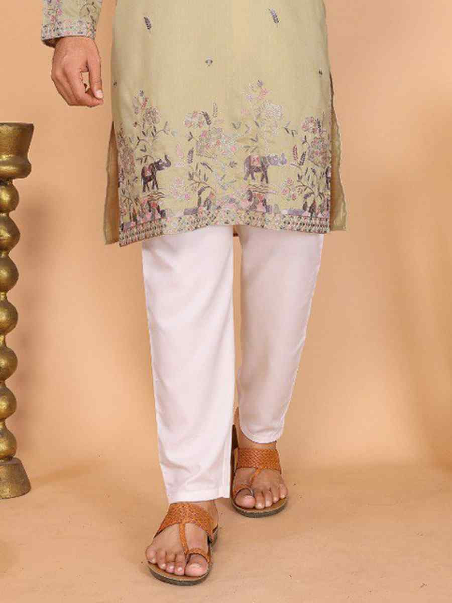 Beige Heavy Linen Cotton Embroidery And Printed Festival Wedding Party Mens Kurta