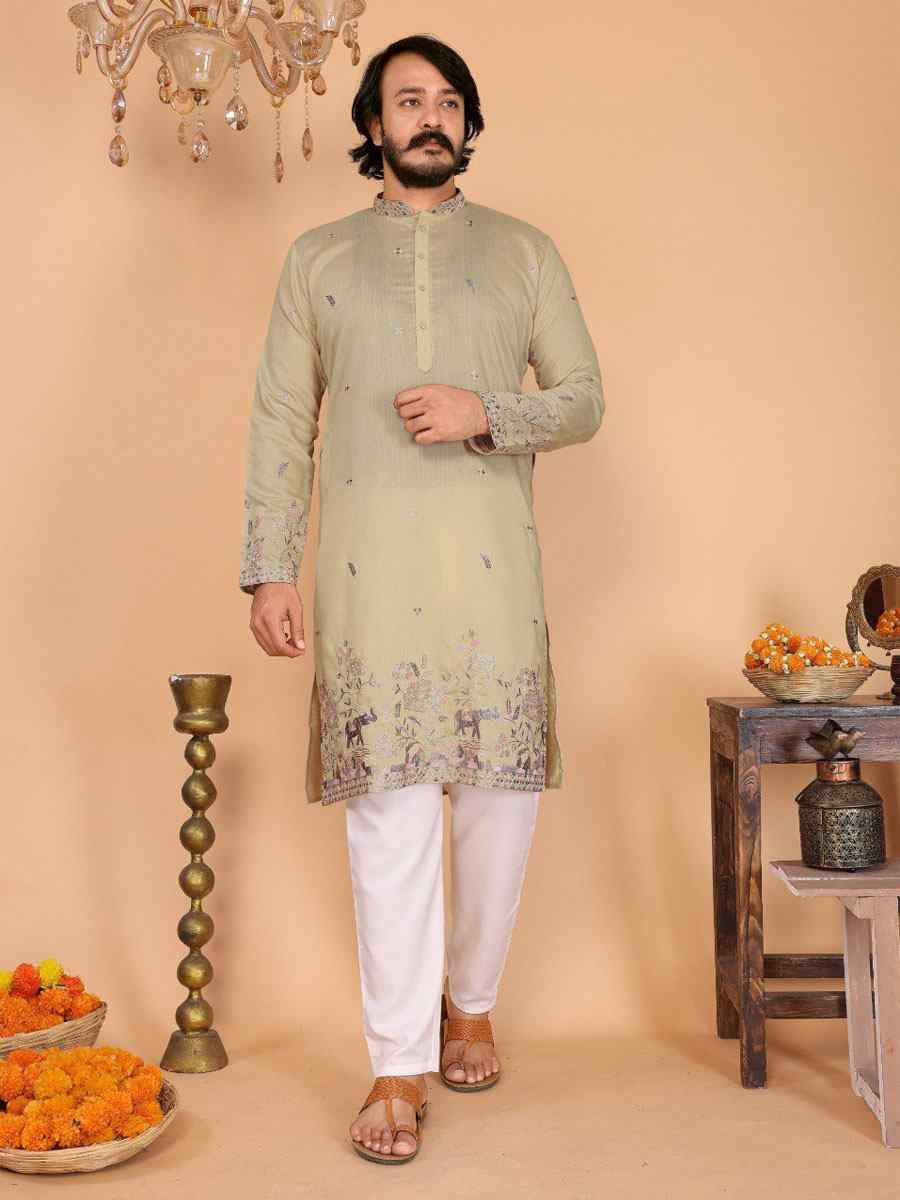 Beige Heavy Linen Cotton Embroidery And Printed Festival Wedding Party Mens Kurta