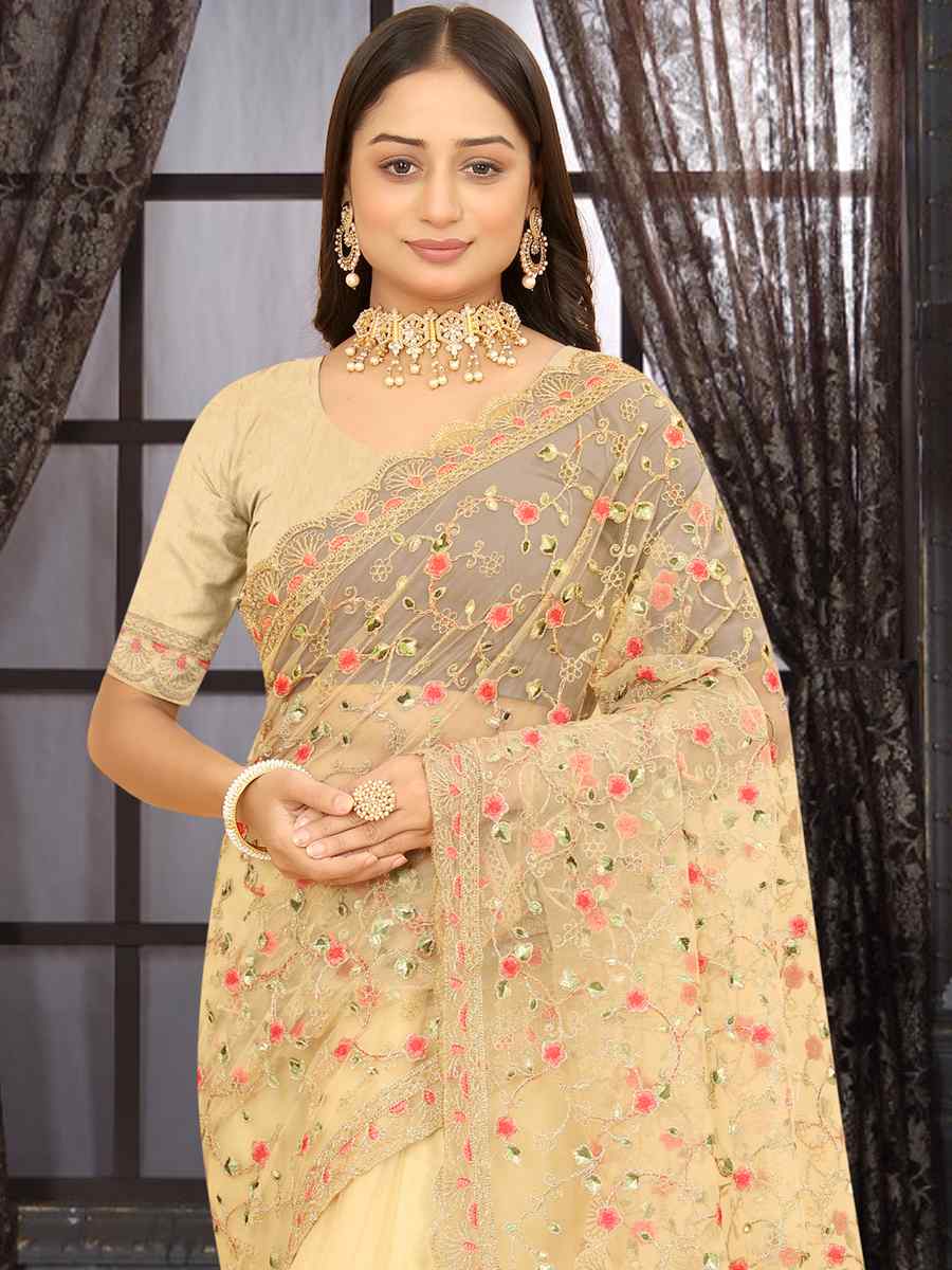 Beige Heavy Net Embroidered Party Festival Heavy Border Saree