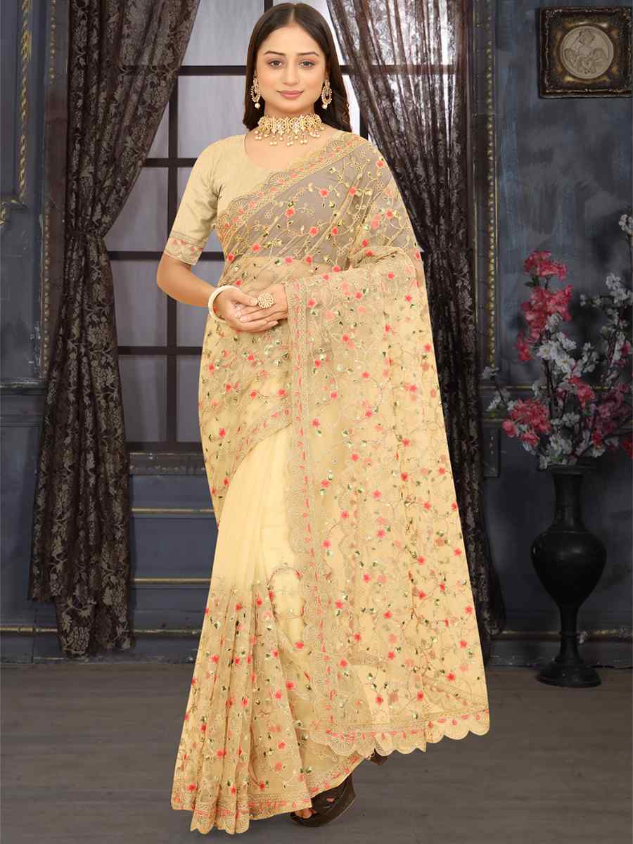 Beige Heavy Net Embroidered Party Festival Heavy Border Saree