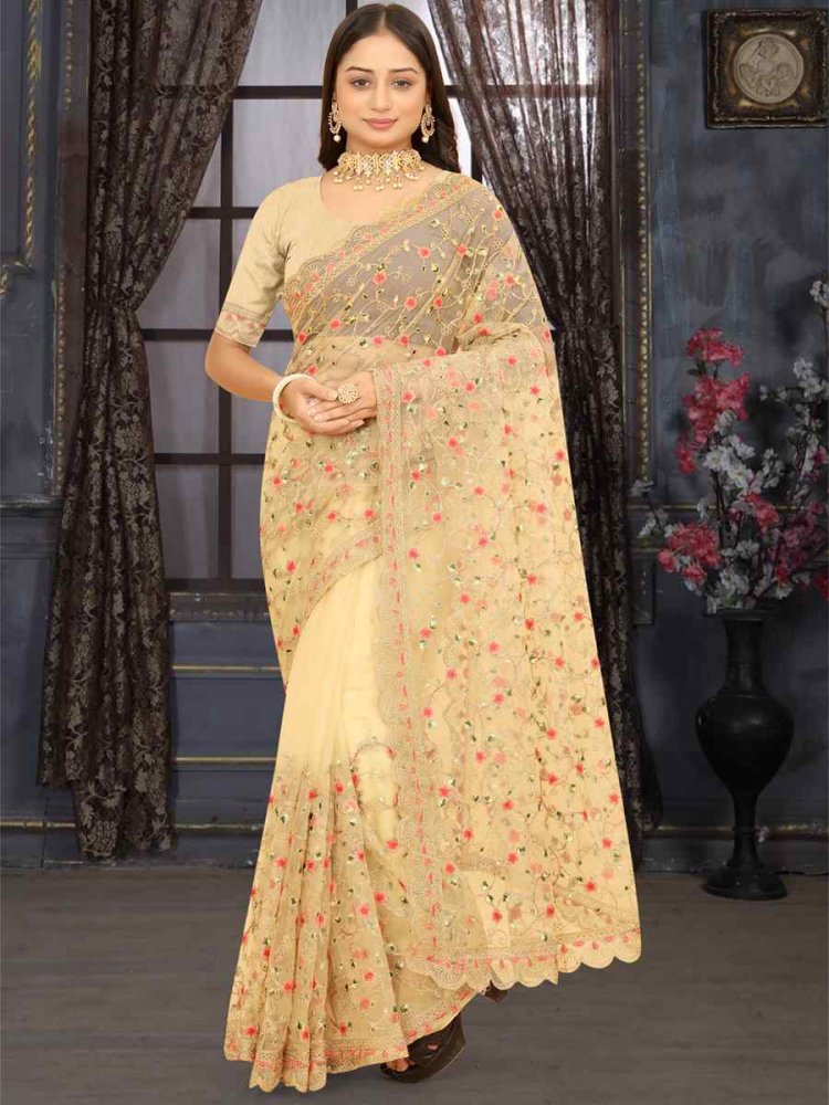 Beige Heavy Net Embroidered Party Festival Heavy Border Saree