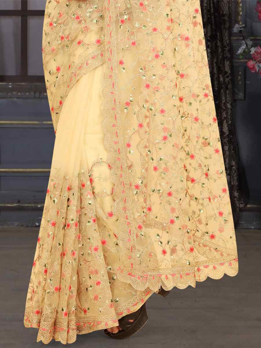 Beige Heavy Net Embroidered Party Festival Heavy Border Saree