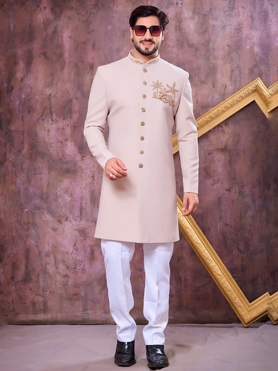Beige Imported Lachka Fabric Embroidery Zardosi Wedding Party Festival Casual Groom Sherwani
