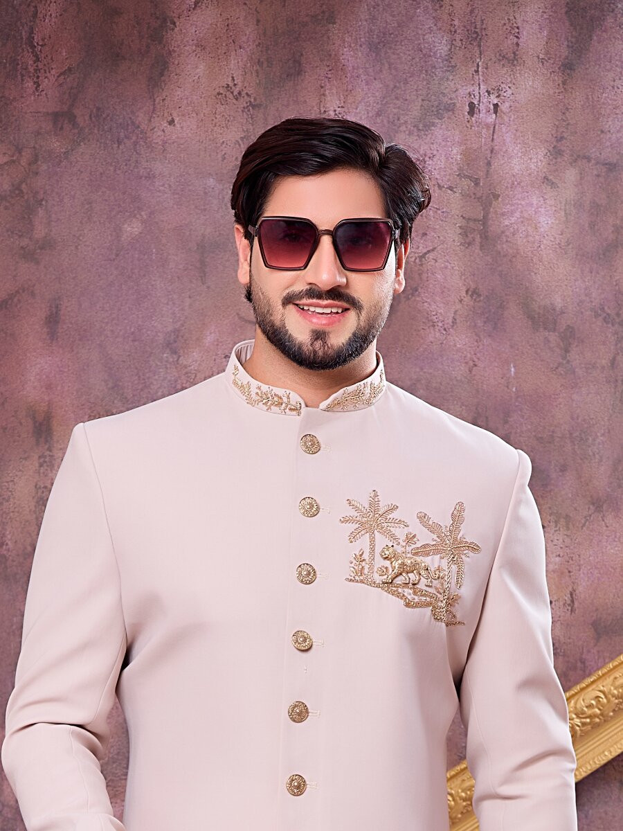 Beige Imported Lachka Fabric Embroidery Zardosi Wedding Party Festival Casual Groom Sherwani