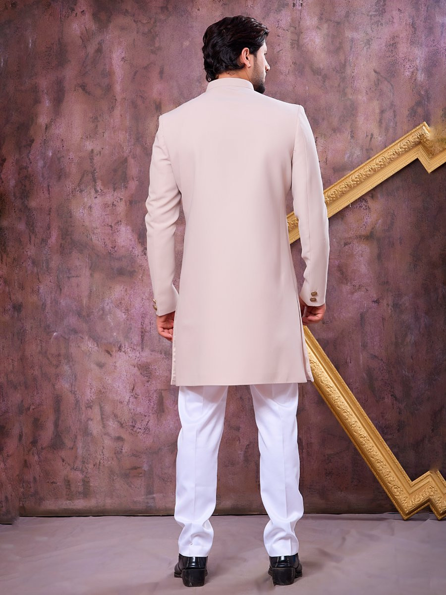 Beige Imported Lachka Fabric Embroidery Zardosi Wedding Party Festival Casual Groom Sherwani