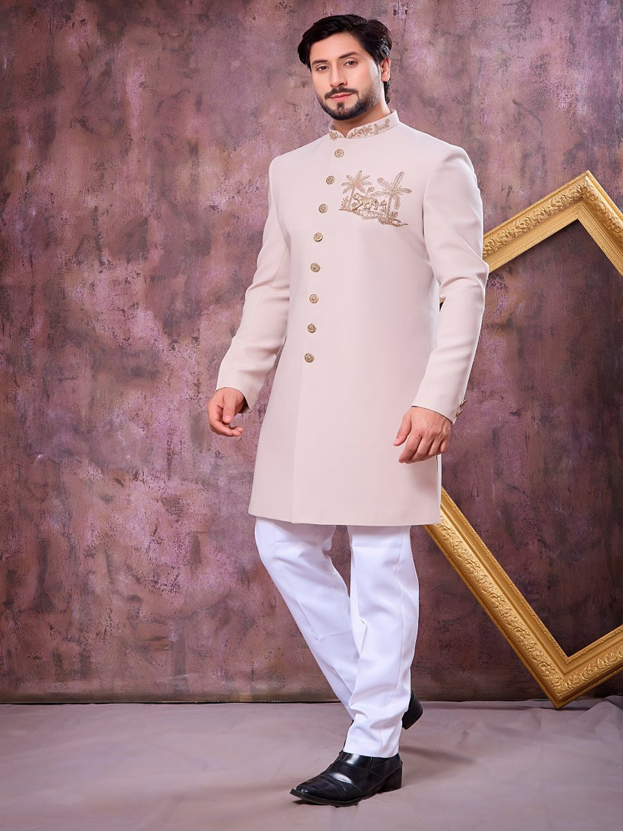 Beige Imported Lachka Fabric Embroidery Zardosi Wedding Party Festival Casual Groom Sherwani