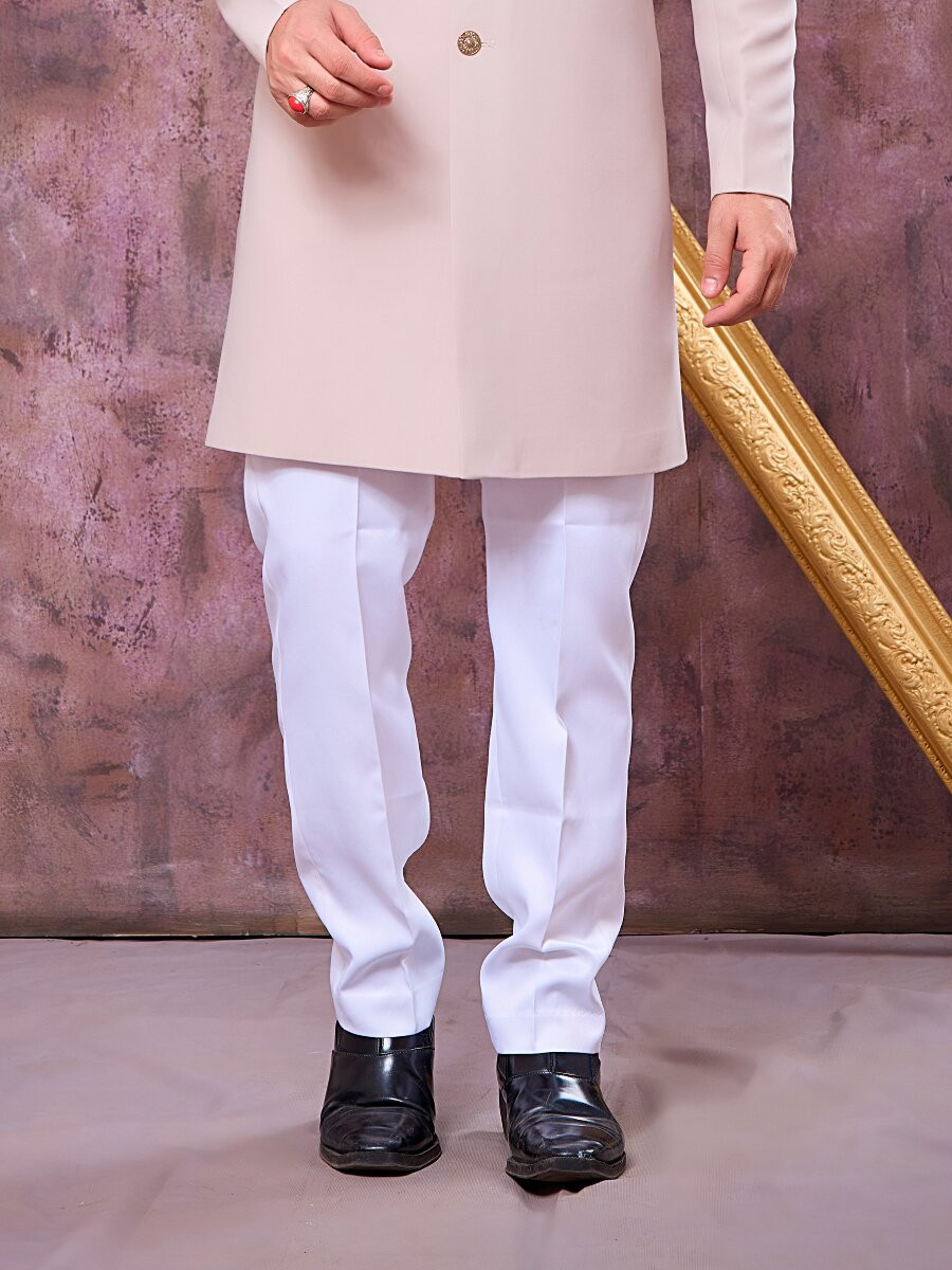 Beige Imported Lachka Fabric Embroidery Zardosi Wedding Party Festival Casual Groom Sherwani
