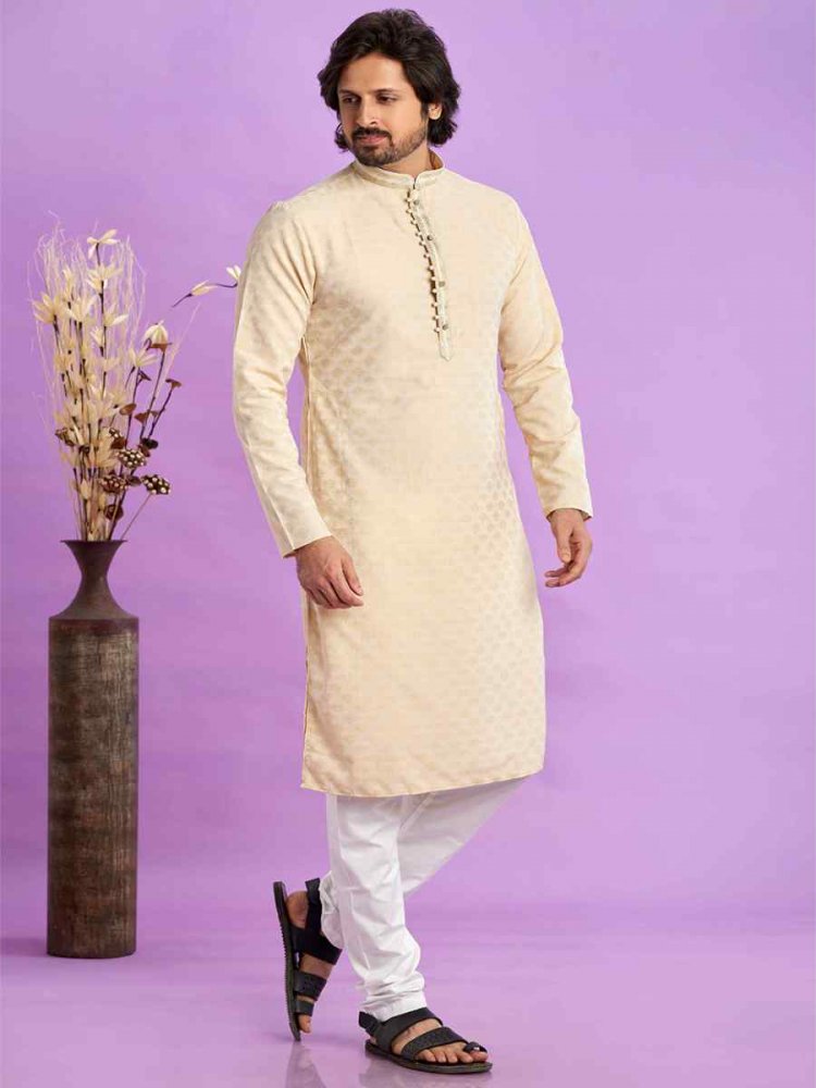 Beige Jacquard Art Soft Silk Printed Festival Casual Kurta