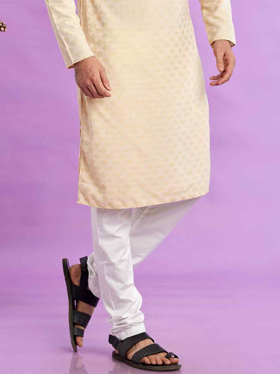 Beige Jacquard Art Soft Silk Printed Festival Casual Kurta