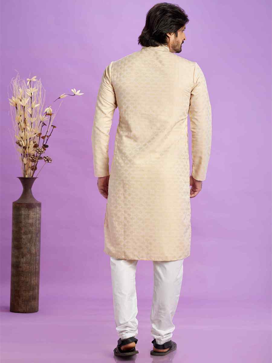 Beige Jacquard Art Soft Silk Printed Festival Casual Kurta